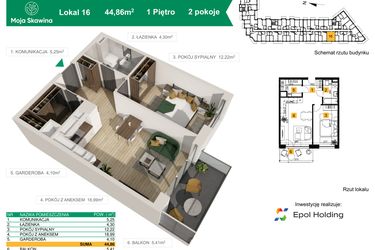 Rzut - Mieszkanie na sprzedaż 2 pokoje o powierzchni 44,86 m² - numer M16 w Moja Skawina