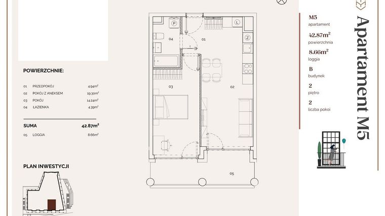 Rzut - Mieszkanie na sprzedaż 2 pokoje o powierzchni 42,79 m² - numer B.5 w Młyny Mogilska
