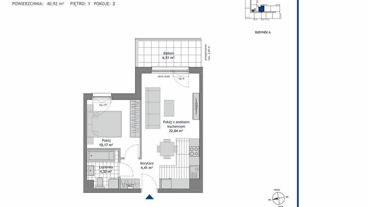 Rzut - Mieszkanie na sprzedaż 2 pokoje o powierzchni 40,92 m² - numer A.1.6 w Linea bud. A