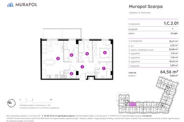 Rzut - Mieszkanie na sprzedaż 4 pokoje o powierzchni 64,56 m² - numer 1.C.2.01 w Murapol Scarpa
