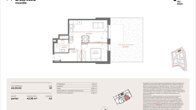 Rzut - Mieszkanie na sprzedaż 2 pokoje o powierzchni 42,38 m² - numer A2-00.02 w Sarnie Osiedle