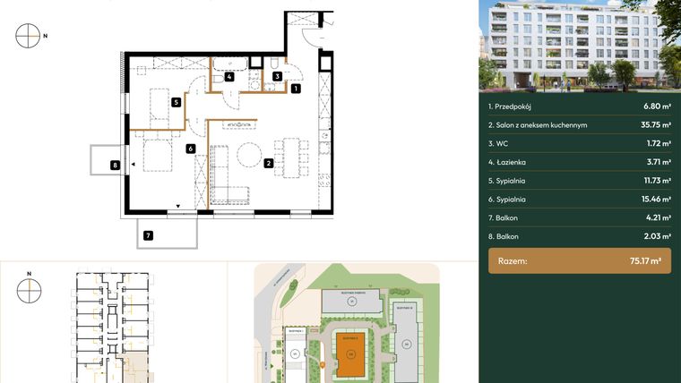 Rzut - Mieszkanie na sprzedaż 3 pokoje o powierzchni 75,17 m² - numer 2.M3.16 w Wierzbowa 20