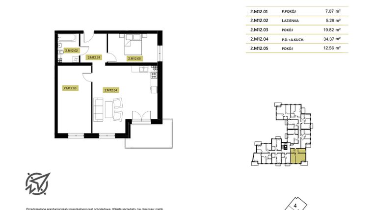 Rzut - Mieszkanie na sprzedaż 2 pokoje o powierzchni 34,87 m² - numer 2M12 w Stary Browar bud. 2