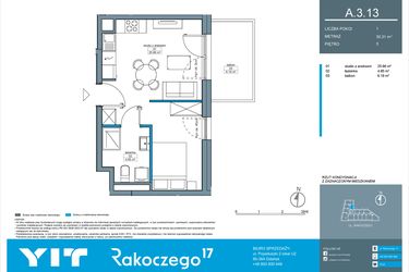 Rzut - Mieszkanie na sprzedaż 1 pokój o powierzchni 30,38 m² - numer A.3.13 w Rakoczego 17