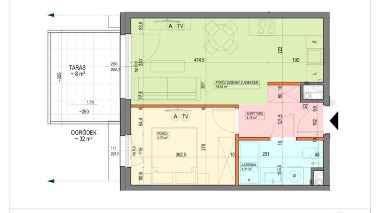 Rzut - Mieszkanie na sprzedaż 2 pokoje o powierzchni 36,79 m² - numer B1.0.04.2a w Junique I.II