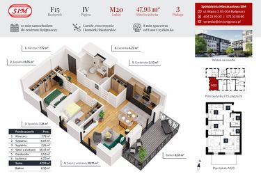 Rzut - Mieszkanie na sprzedaż 3 pokoje o powierzchni 47,93 m² - numer 20 w Tęczowy Zakątek F-15