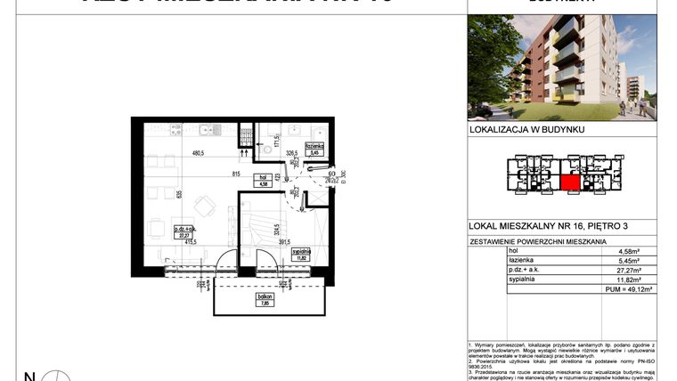 Rzut - Mieszkanie na sprzedaż 2 pokoje o powierzchni 49,12 m² - numer A.16 w Wólczańska 248 - etap II