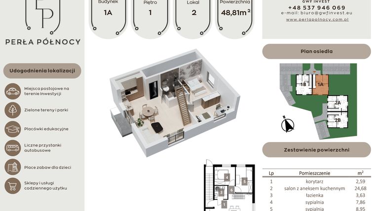 Rzut - Mieszkanie na sprzedaż 3 pokoje o powierzchni 48,81 m² - numer 2 w Perła Północy etap 1