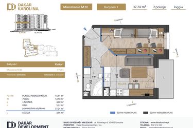 Rzut - Mieszkanie na sprzedaż 2 pokoje o powierzchni 37,24 m² - numer 30 w Osiedle Dakar Karolina