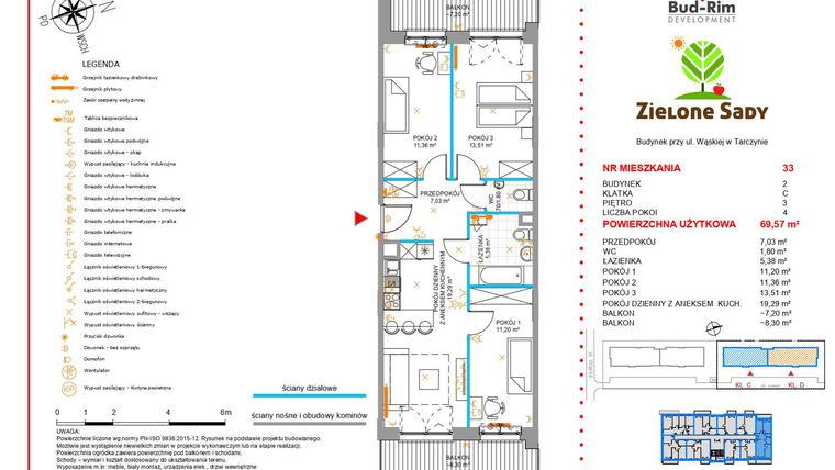 Rzut - Mieszkanie na sprzedaż 4 pokoje o powierzchni 69,57 m² - numer 33 w Zielone Sady etap II