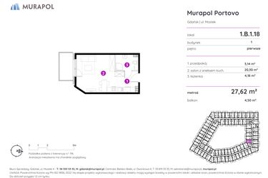 Rzut - Mieszkanie na sprzedaż 1 pokój o powierzchni 27,62 m² - numer 1.B.1.18 w Murapol Portovo etap II