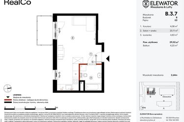 Rzut - Mieszkanie na sprzedaż 1 pokój o powierzchni 29,02 m² - numer B.3.7 w Elewator - Mieszkania i Lofty
