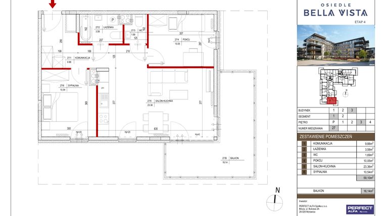 Rzut - Mieszkanie na sprzedaż 3 pokoje o powierzchni 59,1 m² - numer 3.27 w Bella Vista Etap IV
