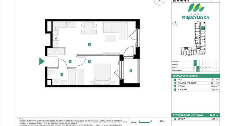Rzut - Mieszkanie na sprzedaż 2 pokoje o powierzchni 42,6 m² - numer 13 w Osiedle Międzyleska - etap III