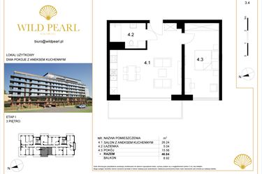 Rzut - Mieszkanie na sprzedaż 2 pokoje o powierzchni 46,84 m² - numer 3.4 w Wild Pearl - apartamenty inwestycyjne