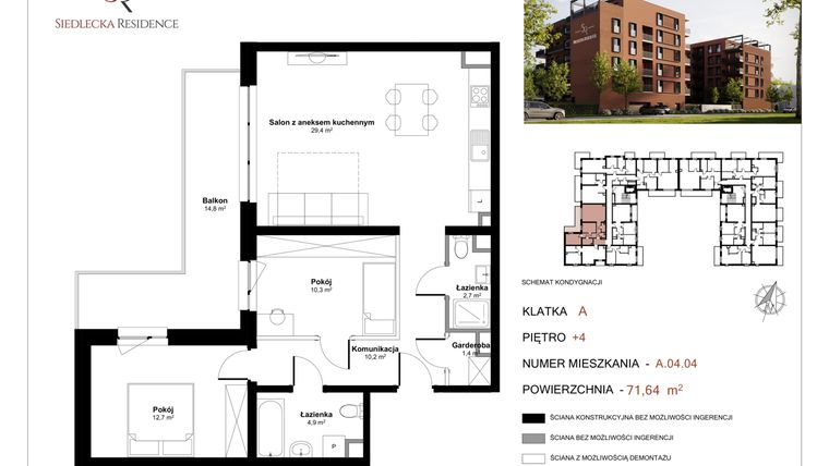 Rzut - Mieszkanie na sprzedaż 3 pokoje o powierzchni 72,98 m² - numer A-04-04 w Siedlecka Residence