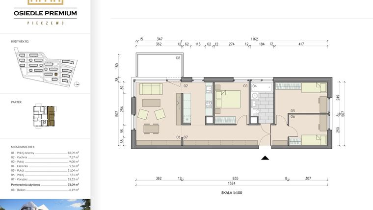 Rzut - Mieszkanie na sprzedaż 4 pokoje o powierzchni 72,09 m² - numer B2.1 w Osiedle Premium etap IV