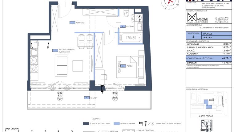 Rzut - Mieszkanie na sprzedaż 2 pokoje o powierzchni 44,27 m² - numer 2 w Apartamenty Jana Pawła 34