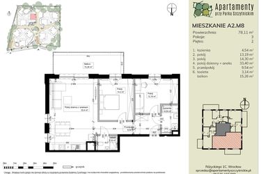 Rzut - Mieszkanie na sprzedaż 3 pokoje o powierzchni 78,16 m² - numer A2.M8 w Apartamenty przy Parku Szczytnickim