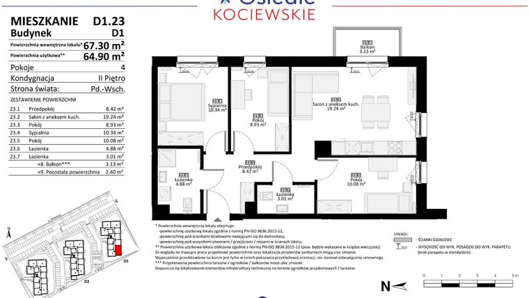 Rzut - Mieszkanie na sprzedaż 4 pokoje o powierzchni 64,9 m² - numer D1.23 w Osiedle Kociewskie etap III