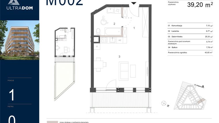 Rzut - Mieszkanie na sprzedaż 1 pokój o powierzchni 39,94 m² - numer M002 w Ultradom