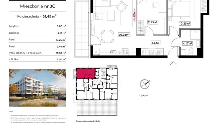 Rzut - Mieszkanie na sprzedaż 3 pokoje o powierzchni 51,45 m² - numer B9.M3C w Novum Rumia