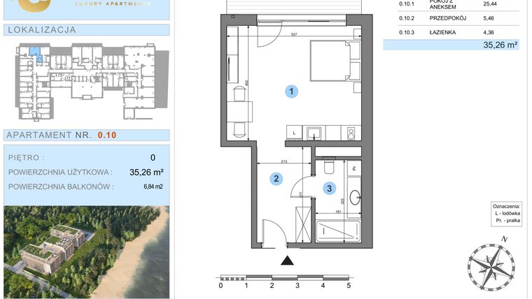 Rzut - Mieszkanie na sprzedaż 1 pokój o powierzchni 35,26 m² - numer 0.10 w Ustronie Luxury Apartments