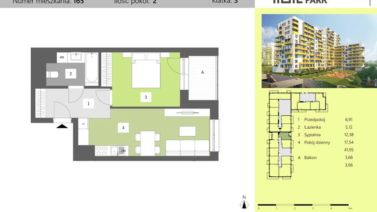 Rzut - Mieszkanie na sprzedaż 2 pokoje o powierzchni 41,95 m² - numer 165 w Dworzysko Park - Etap II