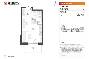 Rzut - Mieszkanie na sprzedaż 1 pokój o powierzchni 25,49 m² - numer A52 w Osiedle Warszawska etap IV