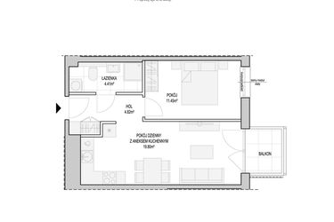 Rzut - Mieszkanie na sprzedaż 2 pokoje o powierzchni 42 m² - numer WO/T/13/53 w Wiszące Ogrody