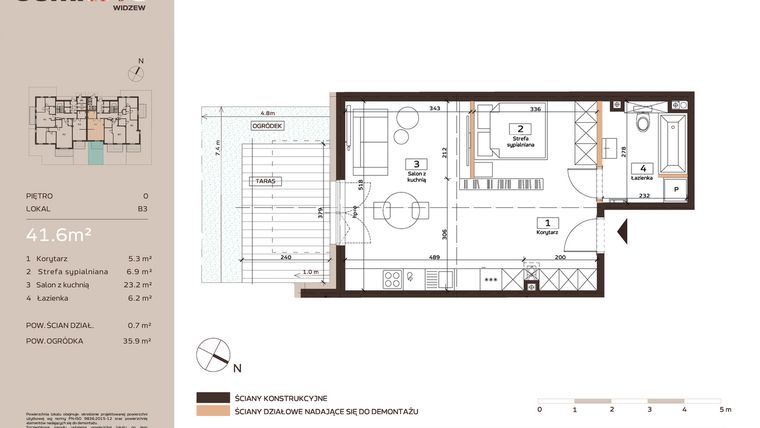 Rzut - Mieszkanie na sprzedaż 1 pokój o powierzchni 41,5 m² - numer B3 w Domkove Widzew