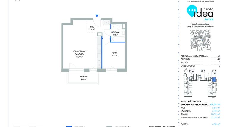 Rzut - Mieszkanie na sprzedaż 2 pokoje o powierzchni 47,5 m² - numer 56.4A w Osiedle Idea Aurora