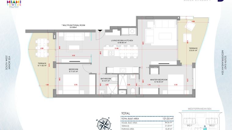 Rzut - Mieszkanie na sprzedaż 3 pokoje o powierzchni 121,05 m² - numer P7-BL3-D w Miami Towers