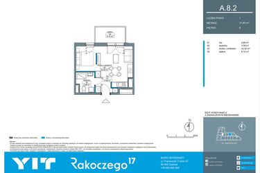 Rzut - Mieszkanie na sprzedaż 1 pokój o powierzchni 31,77 m² - numer A.8.2 w Rakoczego 17