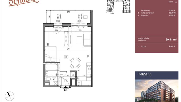 Rzut - Mieszkanie na sprzedaż 1 pokój o powierzchni 39,41 m² - numer G1/40 w Goplana budynek G