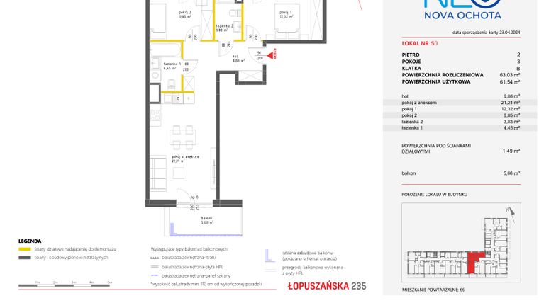 Rzut - Mieszkanie na sprzedaż 3 pokoje o powierzchni 63,03 m² - numer 50 w Neo Nova Ochota