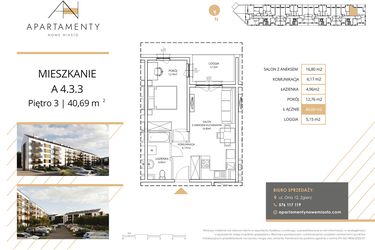 Rzut - Mieszkanie na sprzedaż 2 pokoje o powierzchni 40,69 m² - numer A4.3.3 w Apartamenty Nowe Miasto