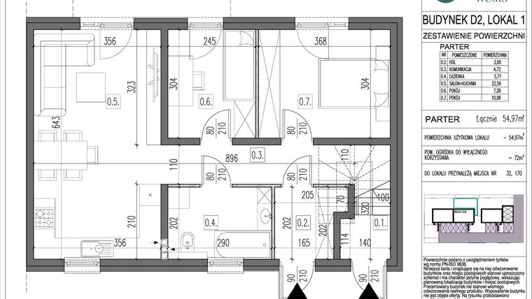 Rzut - Mieszkanie na sprzedaż 3 pokoje o powierzchni 54,97 m² - numer D2/1 w Spokojna Wólka etap IV