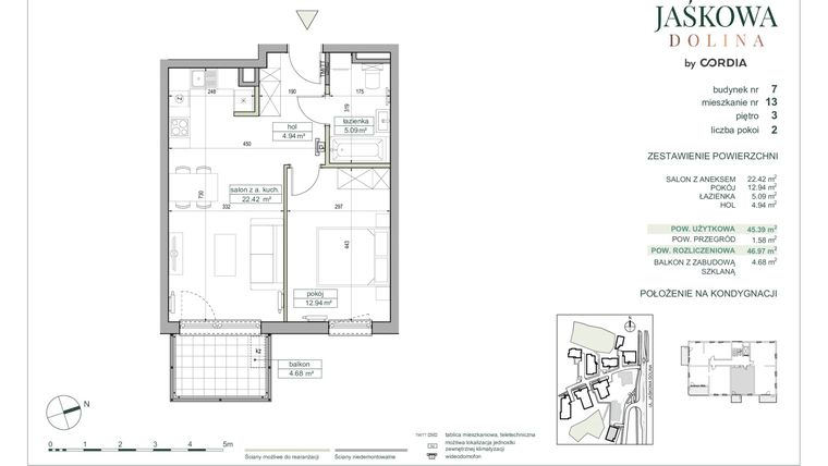 Rzut - Mieszkanie na sprzedaż 2 pokoje o powierzchni 46,97 m² - numer 7.A.13 w Villa Jaśkowa Dolina etap II