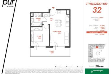 Rzut - Mieszkanie na sprzedaż 2 pokoje o powierzchni 39,55 m² - numer AA6.2 w PUR