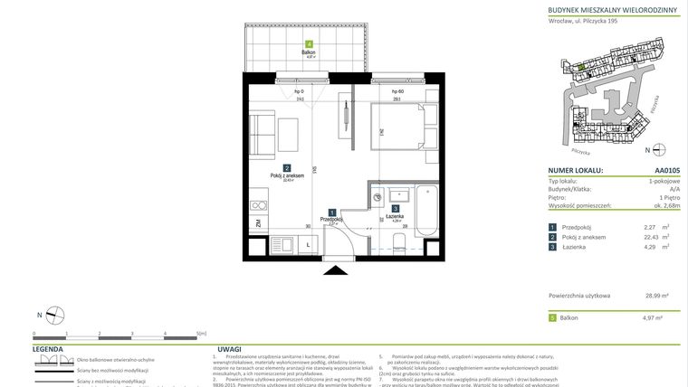 Rzut - Mieszkanie na sprzedaż 1 pokój o powierzchni 28,99 m² - numer AA0105 w Pilczycka Vita