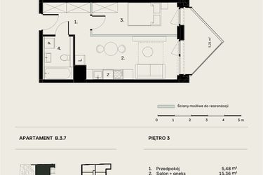 Rzut - Mieszkanie na sprzedaż 2 pokoje o powierzchni 36,11 m² - numer B/3/7 w Ogrodowa 12