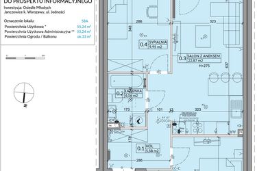 Rzut - Mieszkanie na sprzedaż 3 pokoje o powierzchni 55,24 m² - numer 58A w Osiedle Młodych etap IX