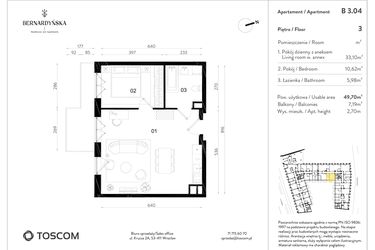 Rzut - Mieszkanie na sprzedaż 2 pokoje o powierzchni 49,7 m² - numer B/3/04 w Bernardyńska 4
