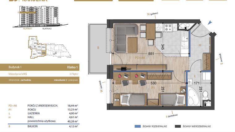 Rzut - Mieszkanie na sprzedaż 2 pokoje o powierzchni 40,28 m² - numer 45 w Osiedle Dakar Karolina
