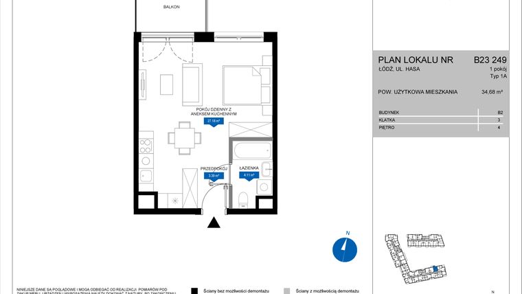 Rzut - Mieszkanie na sprzedaż 1 pokój o powierzchni 34,68 m² - numer B23 249 w Flow - bud. B2 A i bud. B2 B