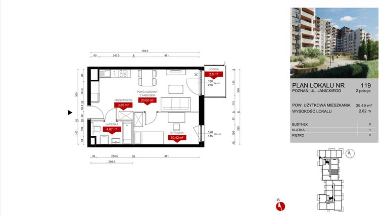 Rzut - Mieszkanie na sprzedaż 2 pokoje o powierzchni 39,49 m² - numer K.119 w Wieża Jeżyce etap V