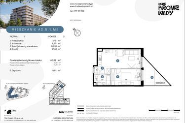 Rzut - Mieszkanie na sprzedaż 2 pokoje o powierzchni 40,39 m² - numer A2.5.1.M2 w Nowe Promenady