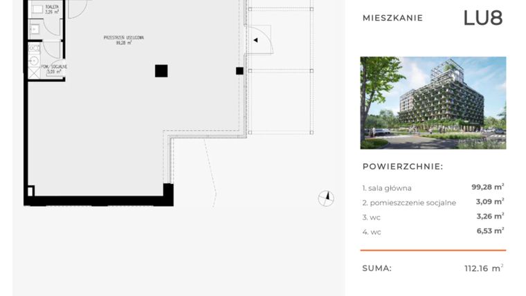 Rzut - Lokal użytkowy na sprzedaż 4 pokoje o powierzchni 112,16 m² - numer LU8 w Semiramis