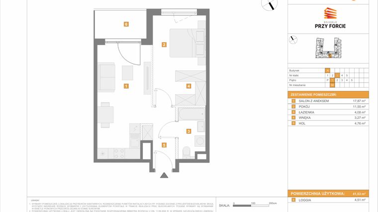 Rzut - Mieszkanie na sprzedaż 2 pokoje o powierzchni 41,53 m² - numer 58 w Osiedle Przy Forcie